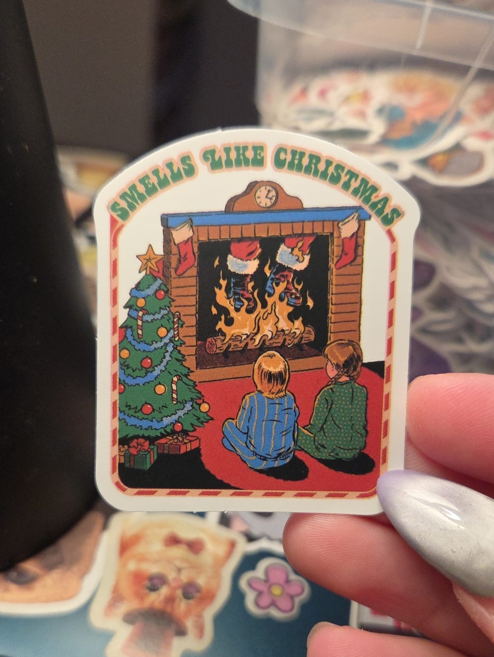 Smells Like Christmas Holiday Sticker - Festive Fireplace Design